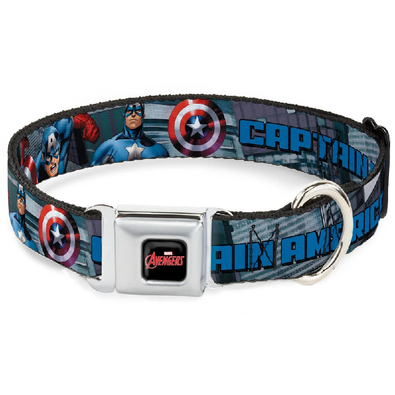 MARVEL AVENGERS Logo Full Color Black/Red/White Seatbelt Buckle Collar - CAPTAIN AMERICA w/Avengers Logo Cityscape