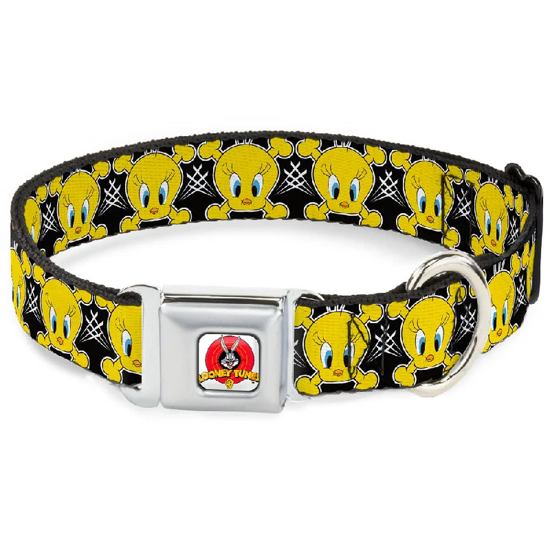 Looney Tunes Logo Full Color White Seatbelt Buckle Collar - Tweety Bird & Crossbones Black/White/Yellow