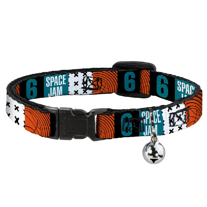 Cat Collar Breakaway with Bell - SPACE JAM Number 6 Blocks Black Turquoise White Red - NARROW Fits 8.5-12"