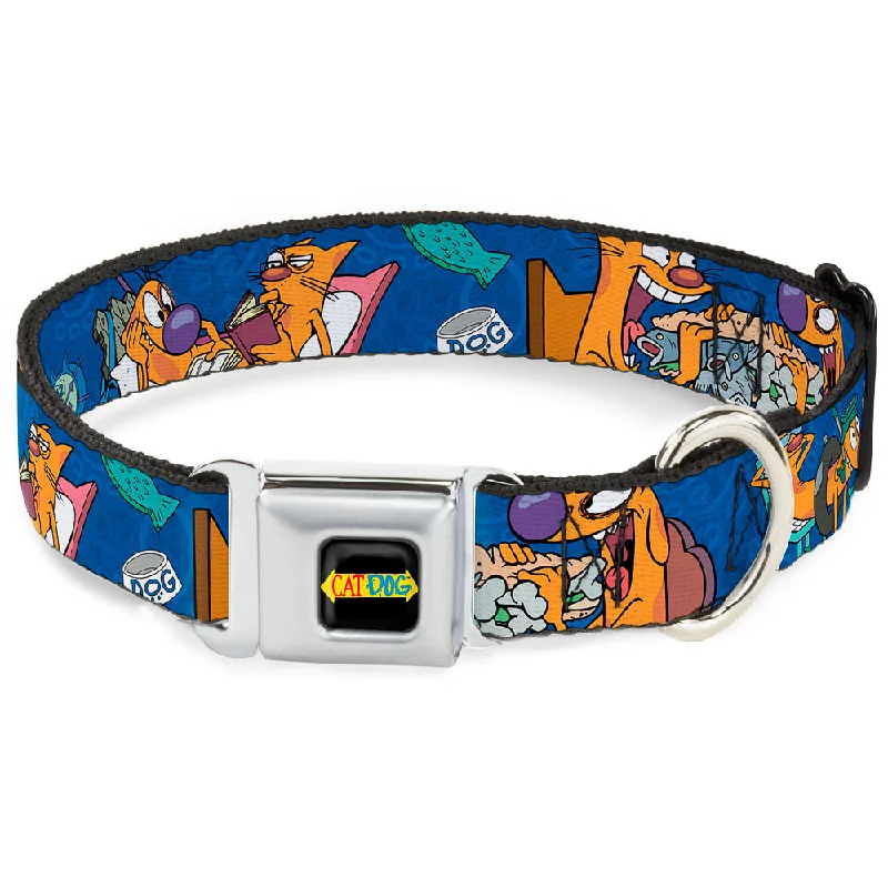 CatDog Stretch/CATDOG Logo Seatbelt Buckle Collar - CatDog Hanging Out Poses Blue