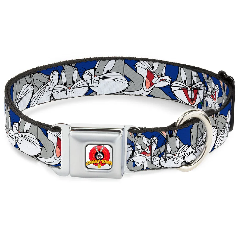 Looney Tunes Logo Full Color White Seatbelt Buckle Collar - Bugs Bunny CLOSE-UP Poses Blue