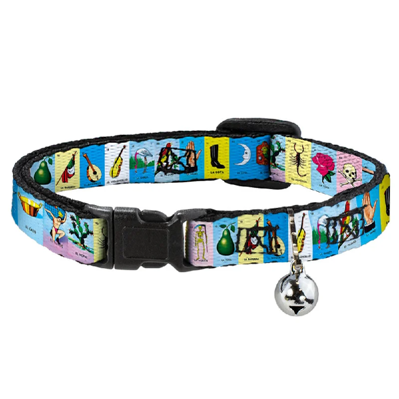 Cat Collar Breakaway with Bell - Loteria Card Logo Blocks - NARROW Fits 8.5-12"