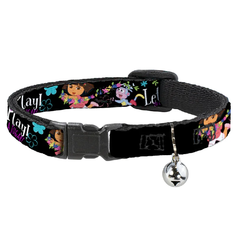 Cat Collar Breakaway with Bell - Dora & Boots Pose Floral LET'S PLAY! VAMOS A JUGAR! Black White Multi Color