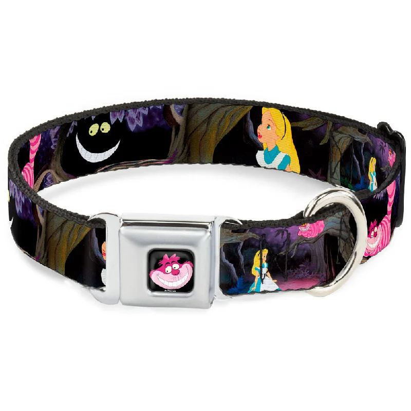 Cheshire Cat Face Full Color Black Seatbelt Buckle Collar - Alice & the Cheshire Cat Scenes