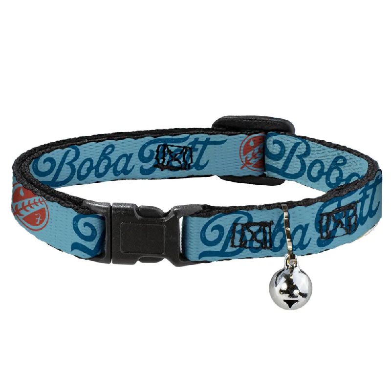 Cat Collar Breakaway with Bell - Star Wars BOBA FETT Script and Logo Blues Red - NARROW Fits 8.5-12"