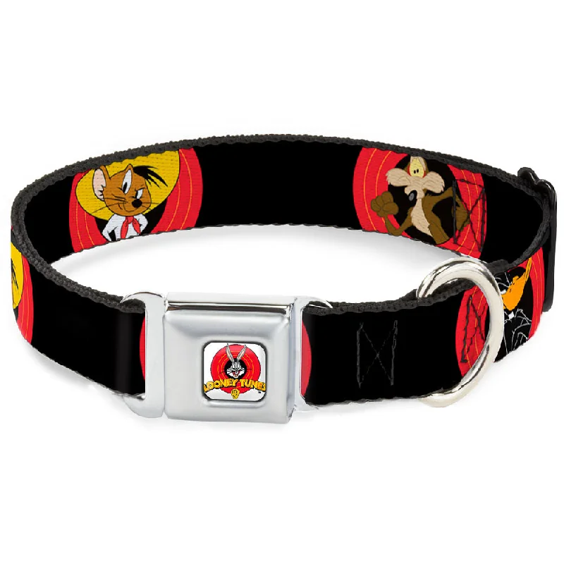 Looney Tunes Logo Full Color White Seatbelt Buckle Collar - Looney Tunes Characters Bullseye Pose Black