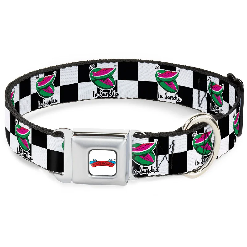 Loteria DON CLEMENTE Banner Full Color White Seatbelt Buckle Collar - Loteria LA SANDIA Watermelon Checker Black/White