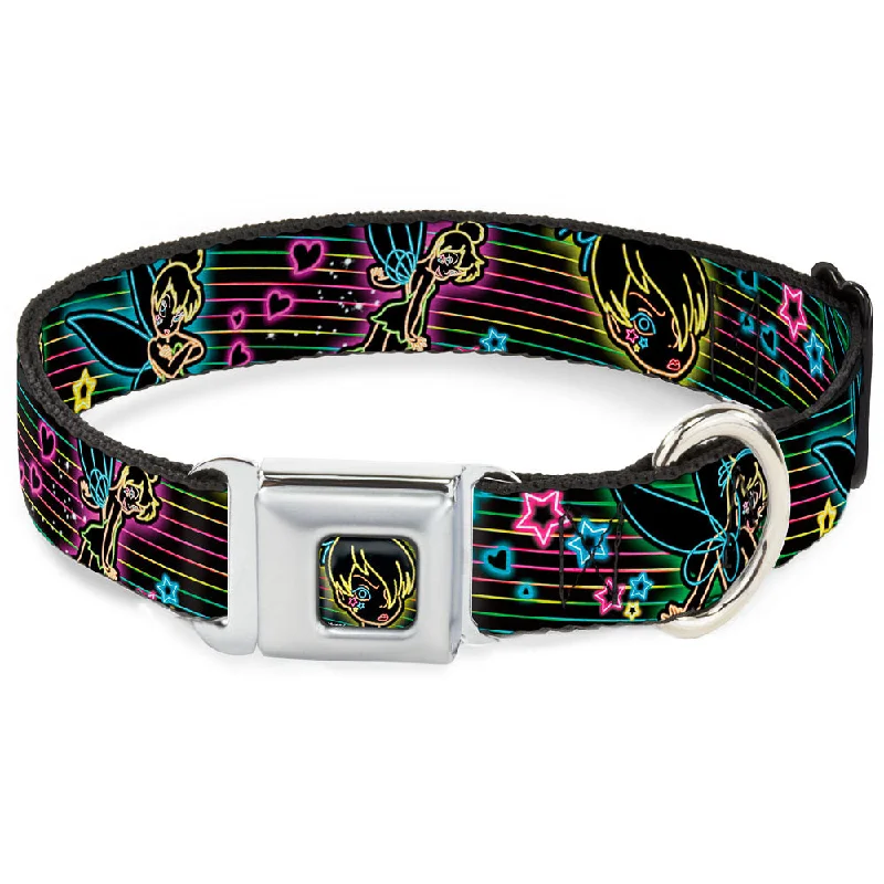 Electric Tinkerbell Face Full Color Black/Multi Neon Seatbelt Buckle Collar - Electric Tinkerbell Poses/Stripes Black/Multi Neon