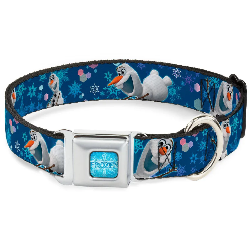 FROZEN Logo Full Color Blues Seatbelt Buckle Collar - Frozen Olaf Poses/Snowflakes Blues