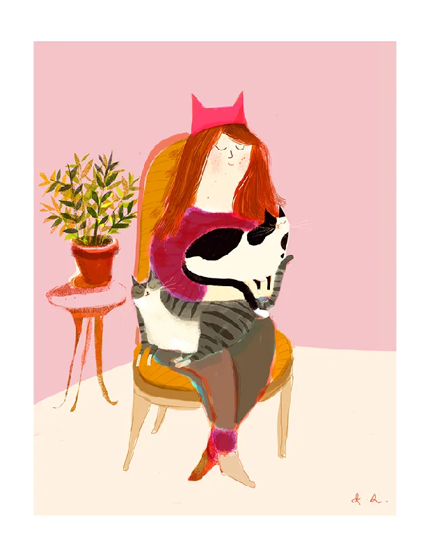 Cat Lady Fine Art Print - Pink Hat