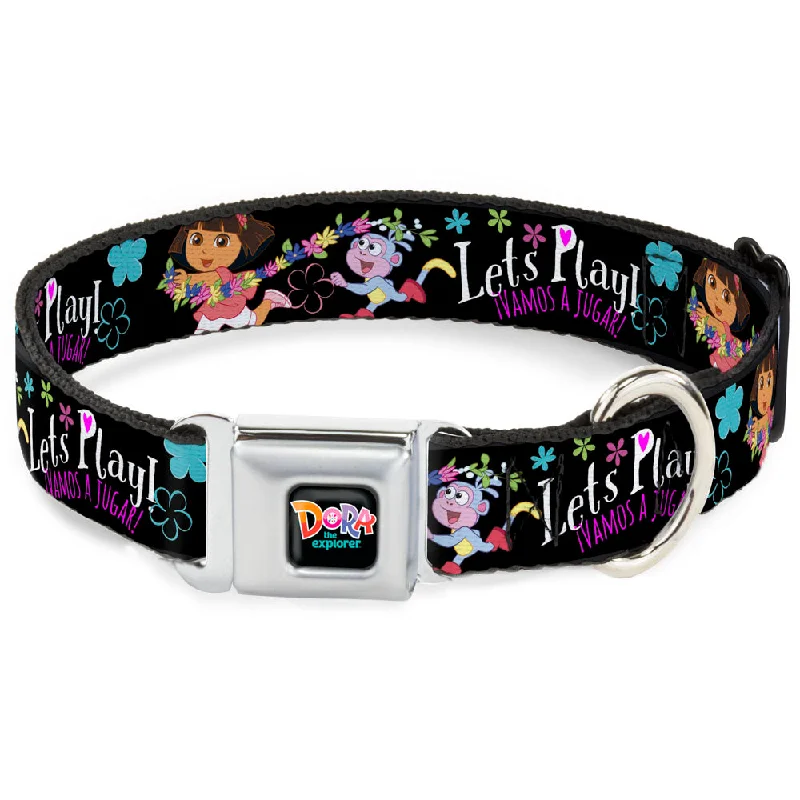 DORA THE EXPORER Logo2 Black/Multi Color Seatbelt Buckle Collar - Dora & Boots Pose/Floral LET'S PLAY!/VAMOS A JUGAR! Black/White/Multi Color