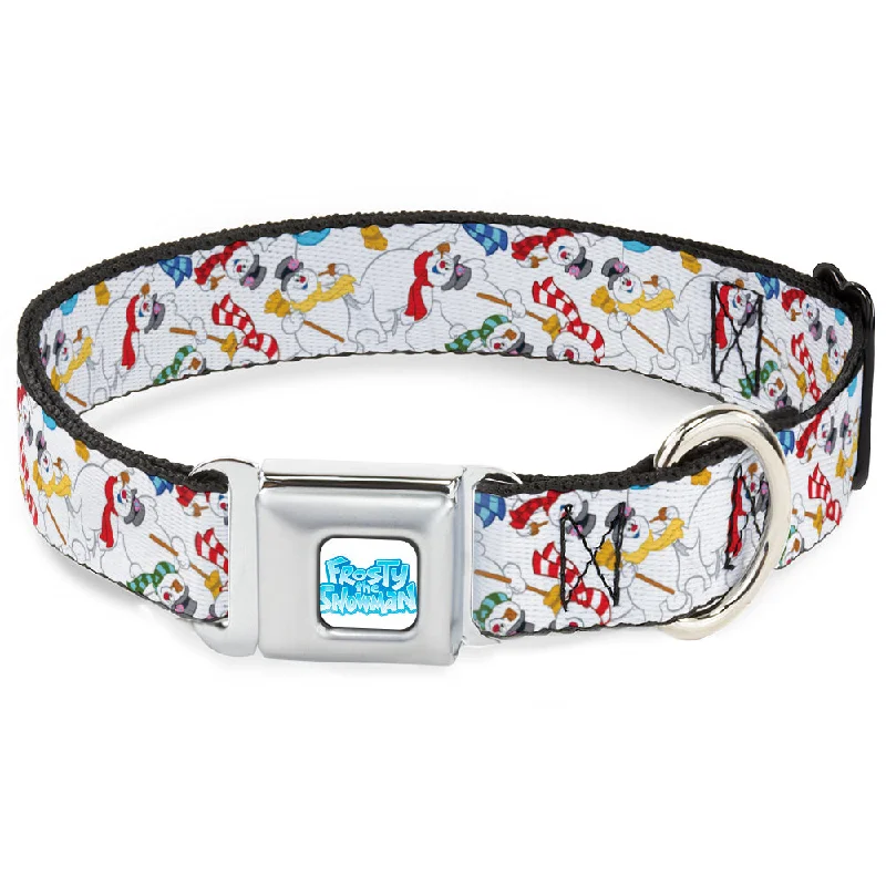 FROSTY THE SNOWMAN Logo Full Color White/Blues Seatbelt Buckle Collar - Frosty the Snowman Pose Scattered White