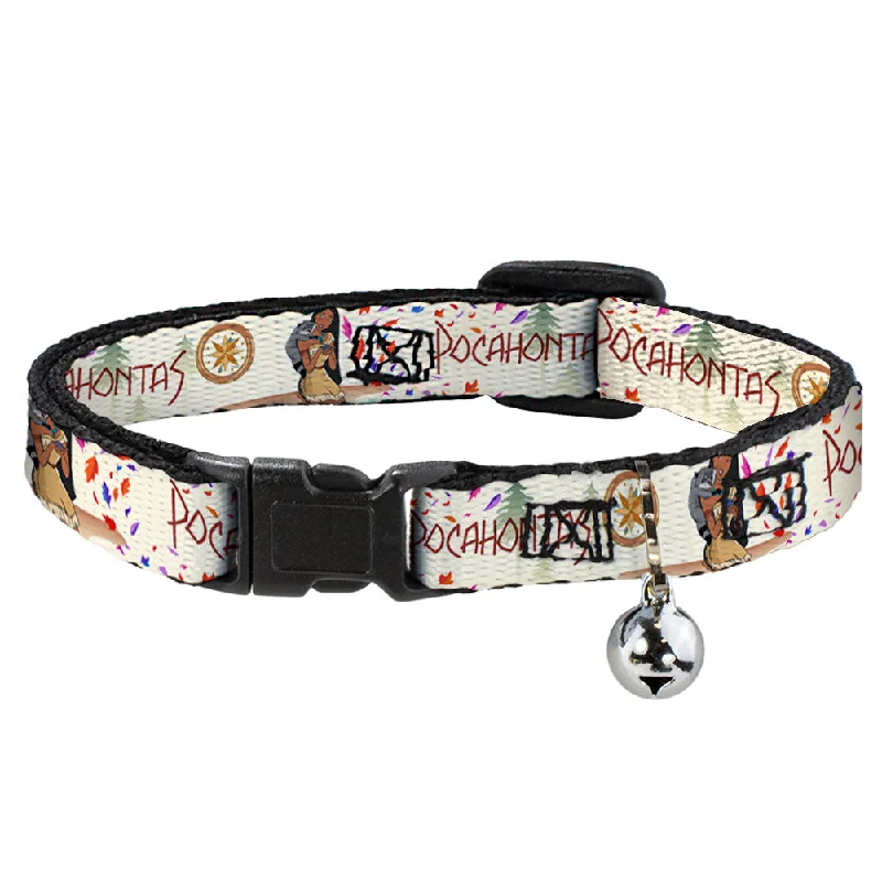 Cat Collar Breakaway with Bell - Pocahontas and Meeko Compass Pose with Script and Leaves Beige - NARROW Fits 8.5-12"