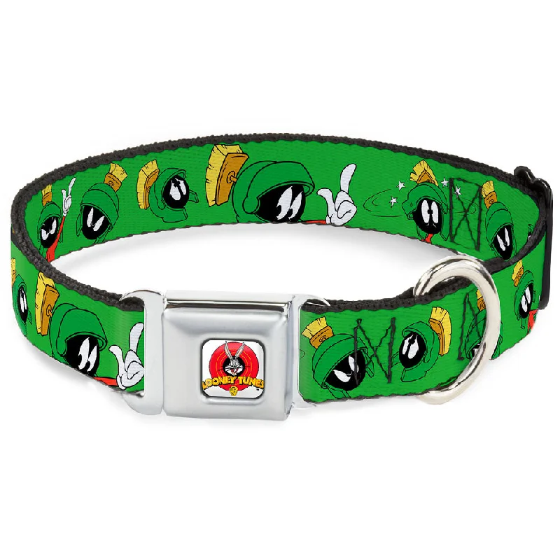 Looney Tunes Logo Full Color White Seatbelt Buckle Collar - MARVIN THE MARTIAN w/Poses/Expressions Green