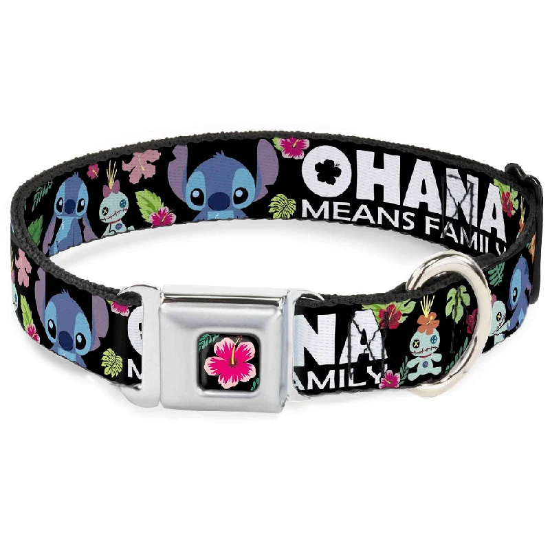 Lilo & Stitch Hibiscus Flower Full Color Black Pink Seatbelt Buckle Collar - OHANA MEANS FAMILY/Stitch & Scrump Poses/Tropical Flora Black/White/Multi Color