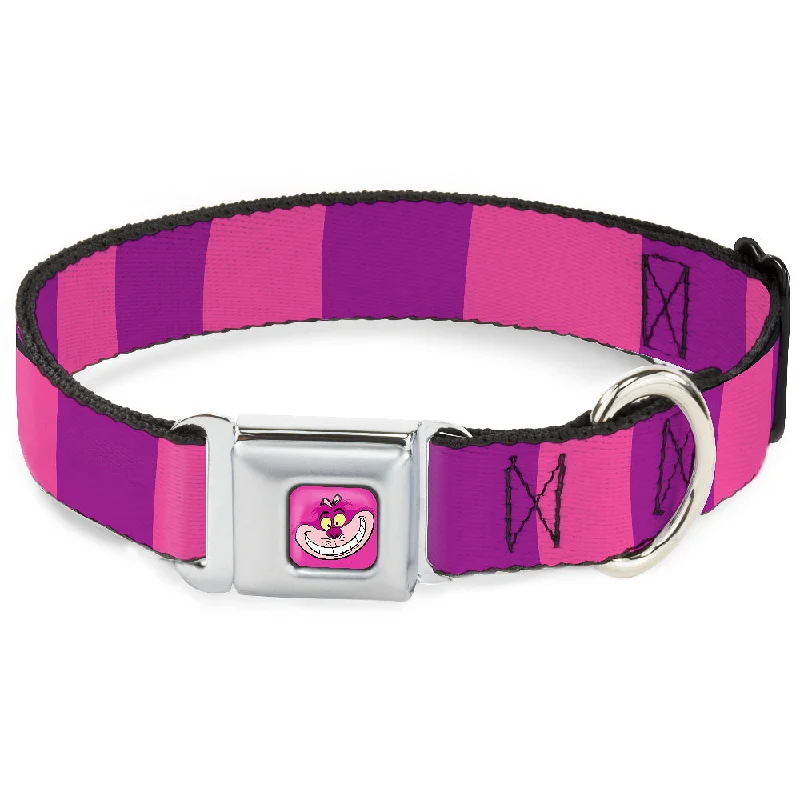 Cheshire Cat Face Full Color Pink Seatbelt Buckle Collar - Cheshire Cat Stripe Pink/Purple