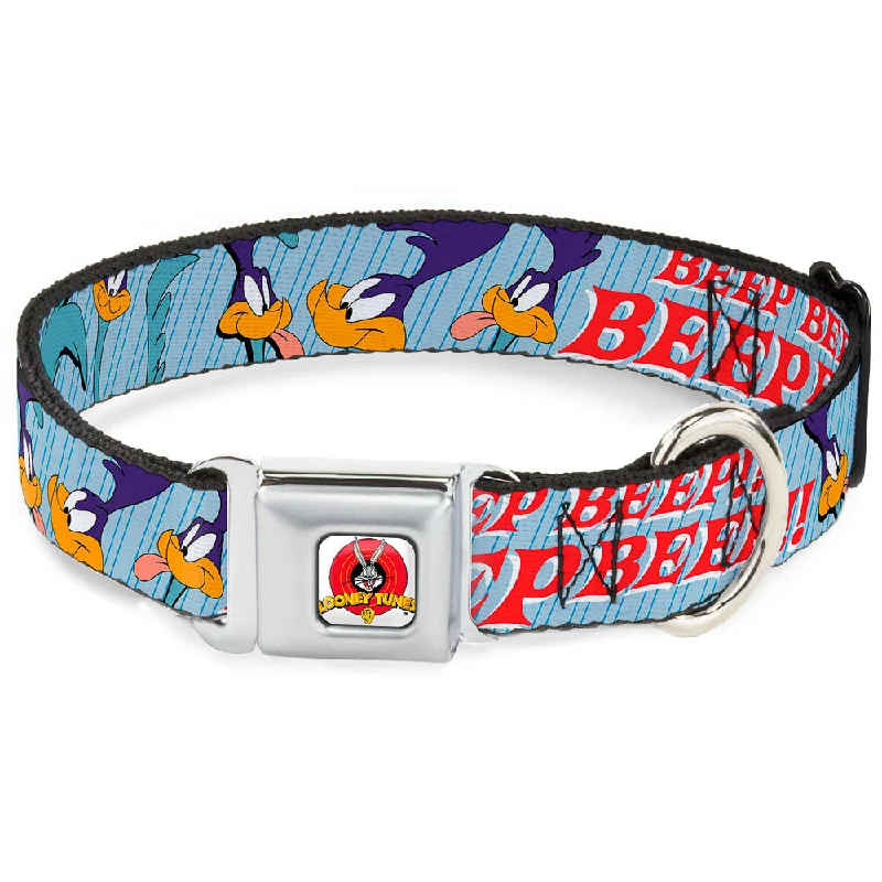 Looney Tunes Logo White Seatbelt Buckle Collar - MEEP MEEP!! w/Road Runner Poses Baby Blue