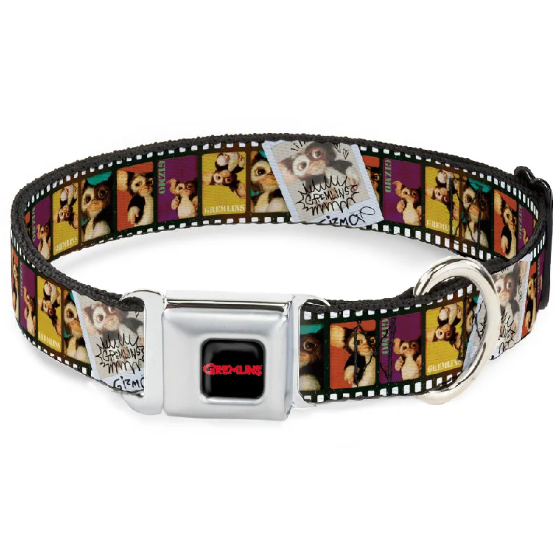 GREMLINS Text Logo Full Color Black/Red Seatbelt Buckle Collar - Gremlins Gizmo Filmstrip Poses Multi Color