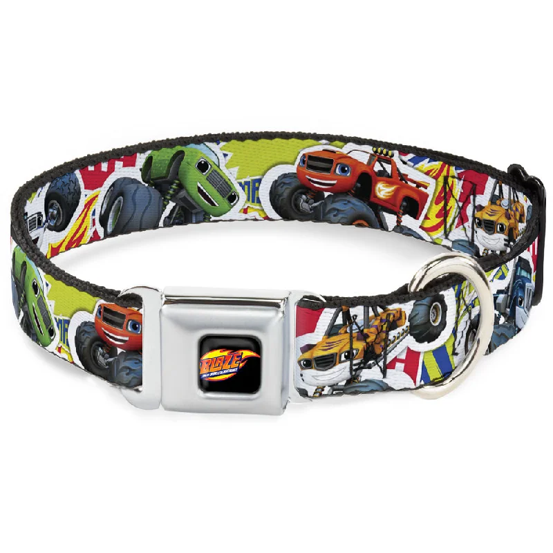 BLAZE AND THE MONSTER MACHINES Logo Full Color Black/Orange/Yellow/Purple Seatbelt Buckle Collar - Blaze & 5-Trucks/Flames Collage Green/Multi Color