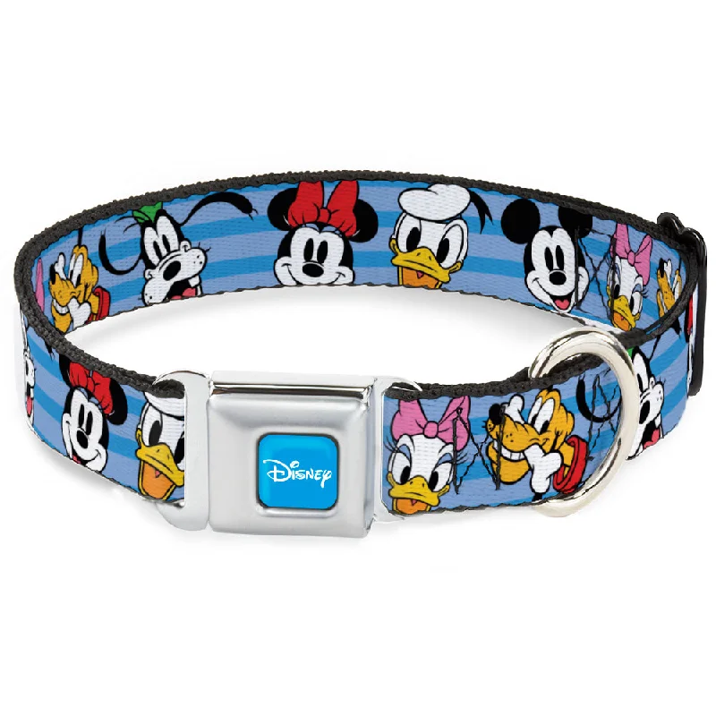 DISNEY Signature Full Color Blue/White Seatbelt Buckle Collar - Disney The Sensational Six Smiling Faces Stripe Blues