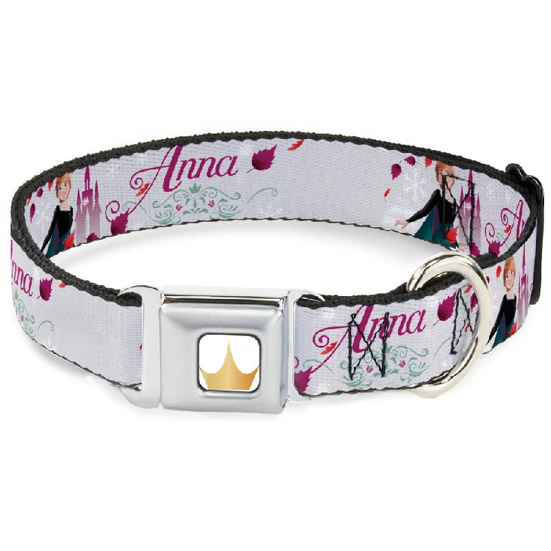 Disney Princess Crown Full Color Golds Seatbelt Buckle Collar - Frozen Anna Castle Pose with Flowers and Script Grays/Pinks