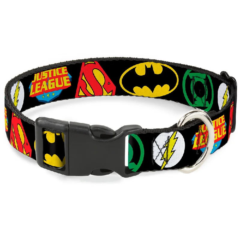 Plastic Clip Collar - Justice League Superhero Logos CLOSE-UP Black