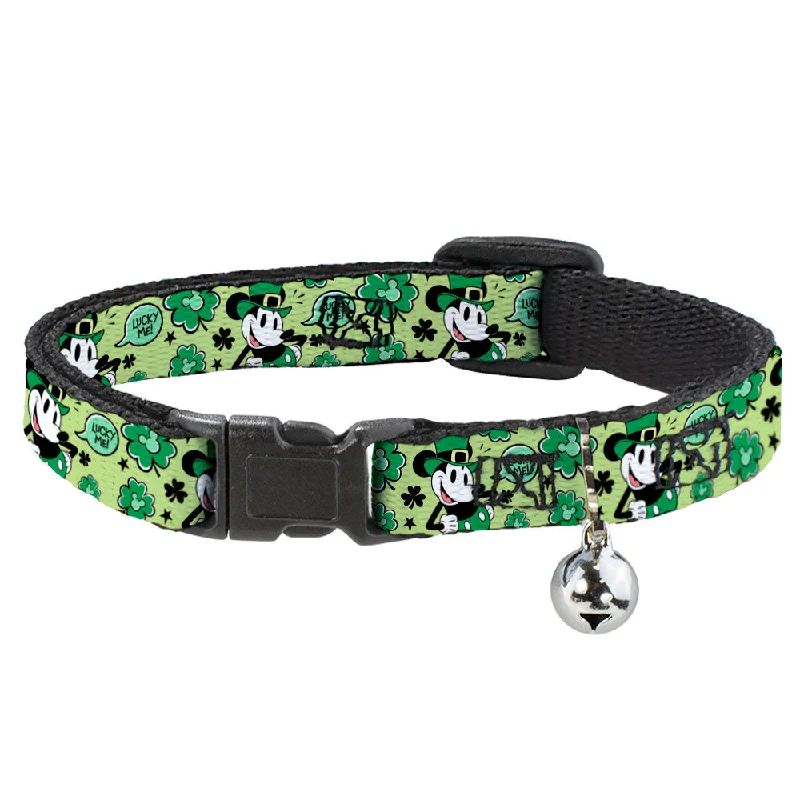 Cat Collar Breakaway with Bell - Mickey Mouse St. Patrick's Day LUCKY ME Leprechaun Pose and Shamrocks Greens