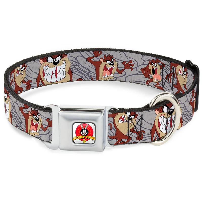 Looney Tunes Logo Full Color White Seatbelt Buckle Collar - Tasmanian Devil Expressions Gray Swirl