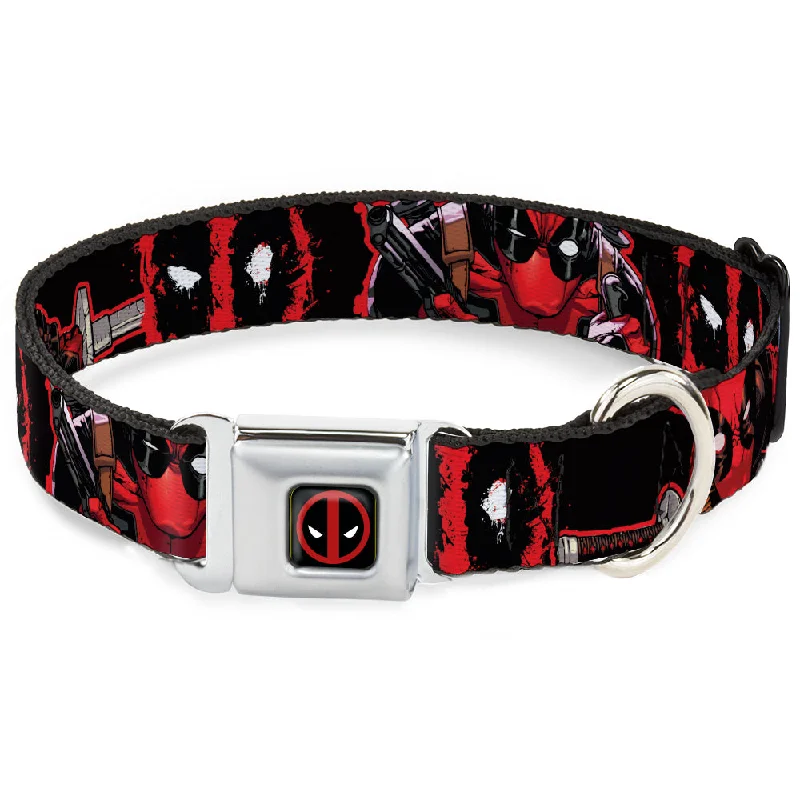 Deadpool Logo Full Color Black/Red/White Seatbelt Buckle Collar - Deadpool 2-Action Poses/Splatter Logo Black/Red/White