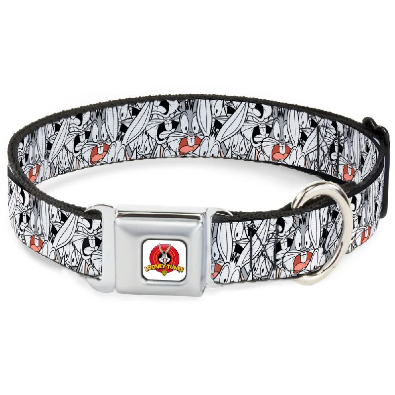 Looney Tunes Logo White Seatbelt Buckle Collar - Bugs Bunny Expressions Stacked White/Black/Gray