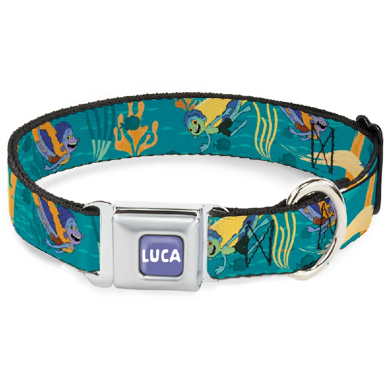 LUCA Logo Full Color Lavender/White Seatbelt Buckle Collar - Luca and Alberto Sea Monsters Swimming Poses Turquoise Blues