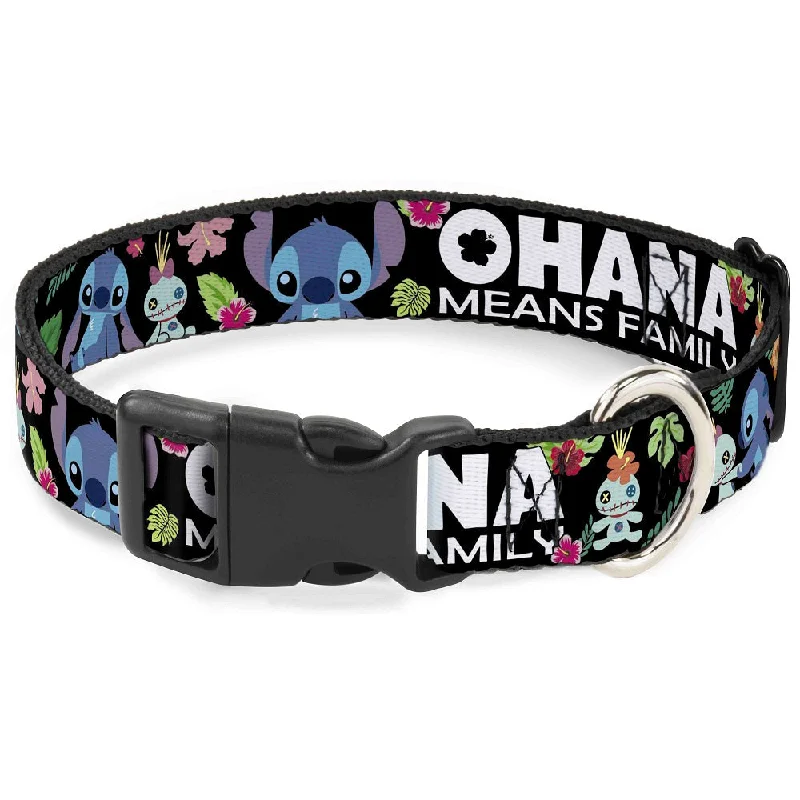 Plastic Clip Collar - OHANA MEANS FAMILY/Stitch & Scrump Poses/Tropical Flora Black/White/Multi Color