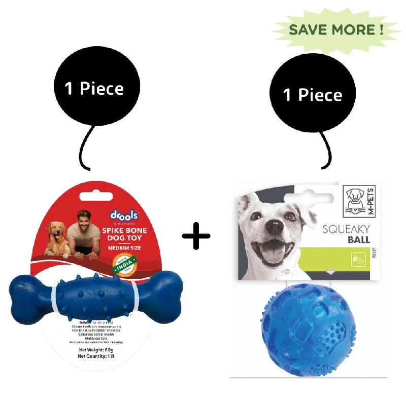 Drools Non Toxic Rubber Spike Bone and M Pets Squeaky Ball Toy for Dogs Combo