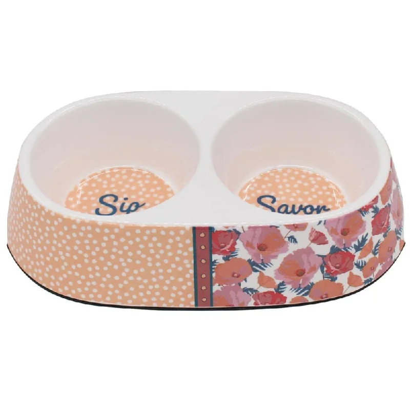 Peetara Half Floral Designer Melamine Double Diners for Dogs and Cats (Orange)