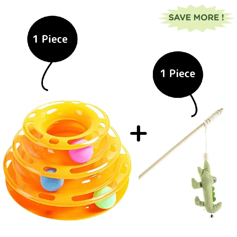 Pet Vogue Multi Level Puzzle and Fofos Wand Crocodile Toy for Cats Combo